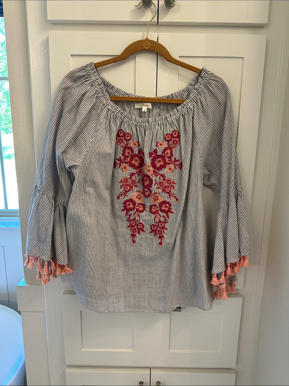 Andree Blue-White Striped Tunic with Pink Floral Embroidery